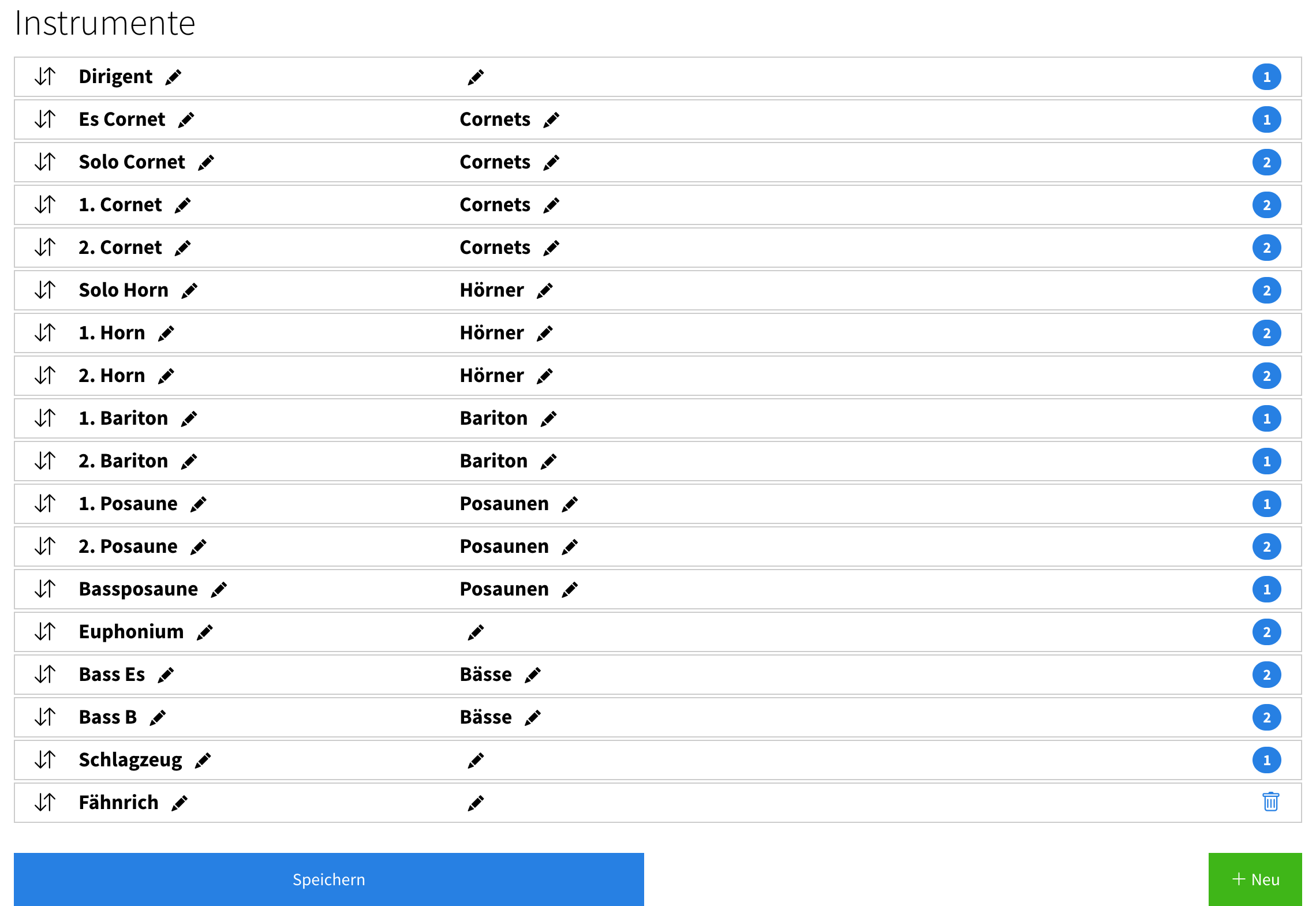 Seite «Instrumente» mit der Zuordnung jedes Instruments zu einem Register