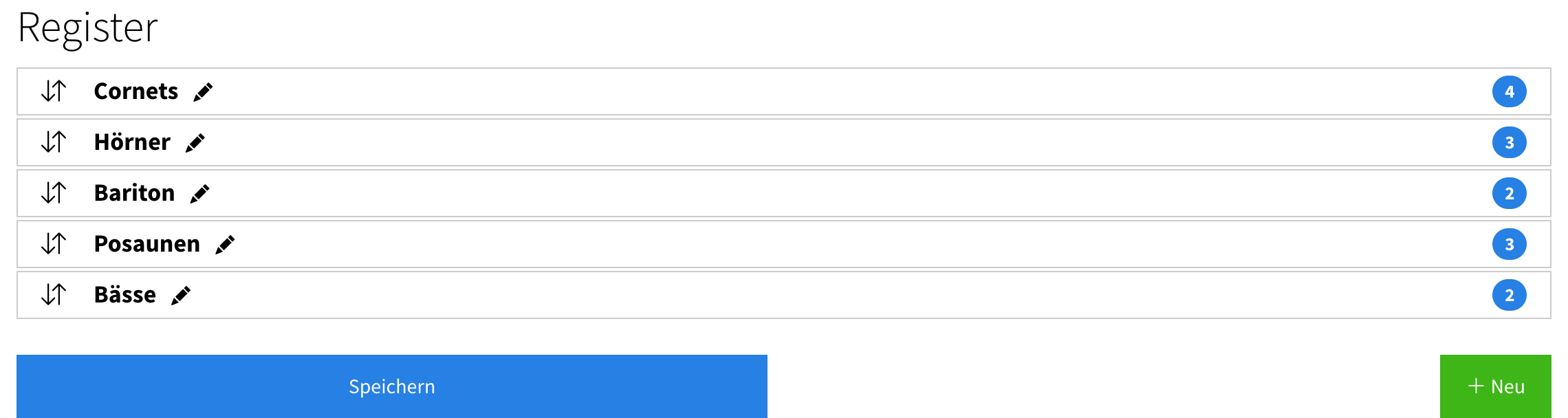 Seite «Register» mit der Liste der Register