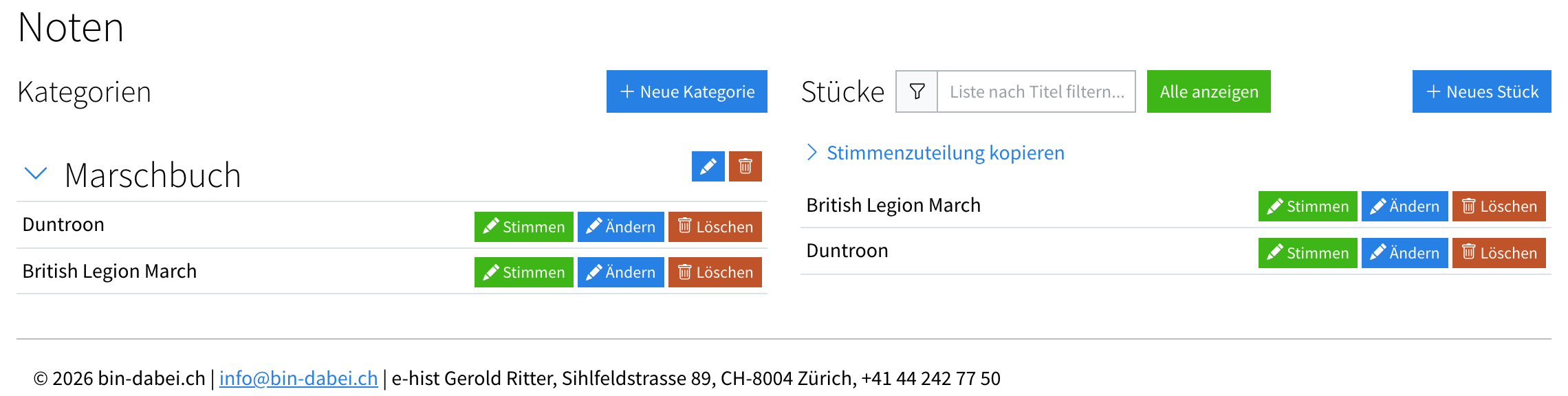 Admin-Seite «Noten» mit der Kategorien-Spalte links und der Stück-Liste rechts